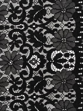 Rayon and Nylon Corded Lace with Scalloped Finished Edges – Black Flower and Dot Stripes Rayon and Nylon Corded Lace with Scalloped Finished Edges – Black Flower and Dot Stripes