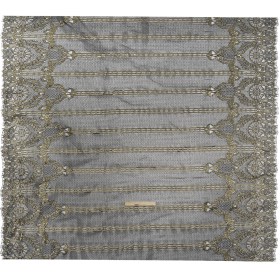 Metallic Re-Embroidered Raschel Lace – Black and Gold Stripes and Diamond Lattice with Floral Border Metallic Re-Embroidered Raschel Lace – Black and Gold Stripes and Diamond Lattice with Floral Border