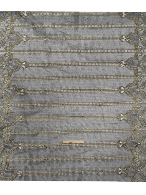 Metallic Re-Embroidered Raschel Lace – Black and Gold Stripes and Diamond Lattice with Floral Border Metallic Re-Embroidered Raschel Lace – Black and Gold Stripes and Diamond Lattice with Floral Border