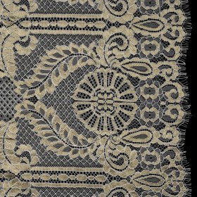 Metallic Re-Embroidered Raschel Lace – Ivory and Gold Stripes and Diamond Lattice with Floral Border Metallic Re-Embroidered Raschel Lace – Ivory and Gold Stripes and Diamond Lattice with Floral Border
