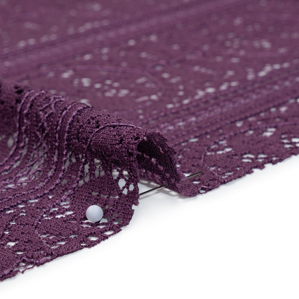 Re-Embroidered Lace with Finished Edges - Shadow and Purple Floral Medallion Stripes