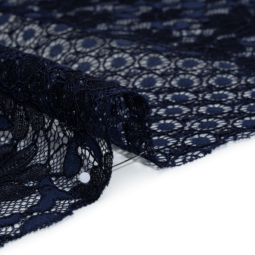 Rayon and Nylon Corded Lace with Scalloped Finished Edges - Navy Blue Flower and Dot Stripes