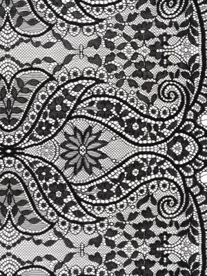 Nylon and Rayon Raschel Lace with Finished Edges – Black Flowers and Swirls Nylon and Rayon Raschel Lace with Finished Edges – Black Flowers and Swirls