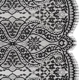 Nylon and Rayon Raschel Lace with Finished Edges – Black Flowers and Swirls Nylon and Rayon Raschel Lace with Finished Edges – Black Flowers and Swirls