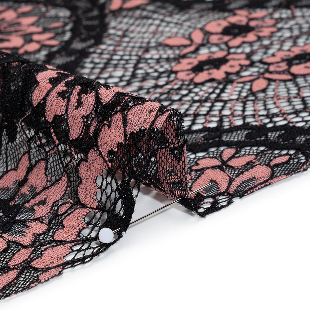 Raschel Lace with Finished Scalloped Edges - Black and Dusty Rose Sunflowers and Daisies