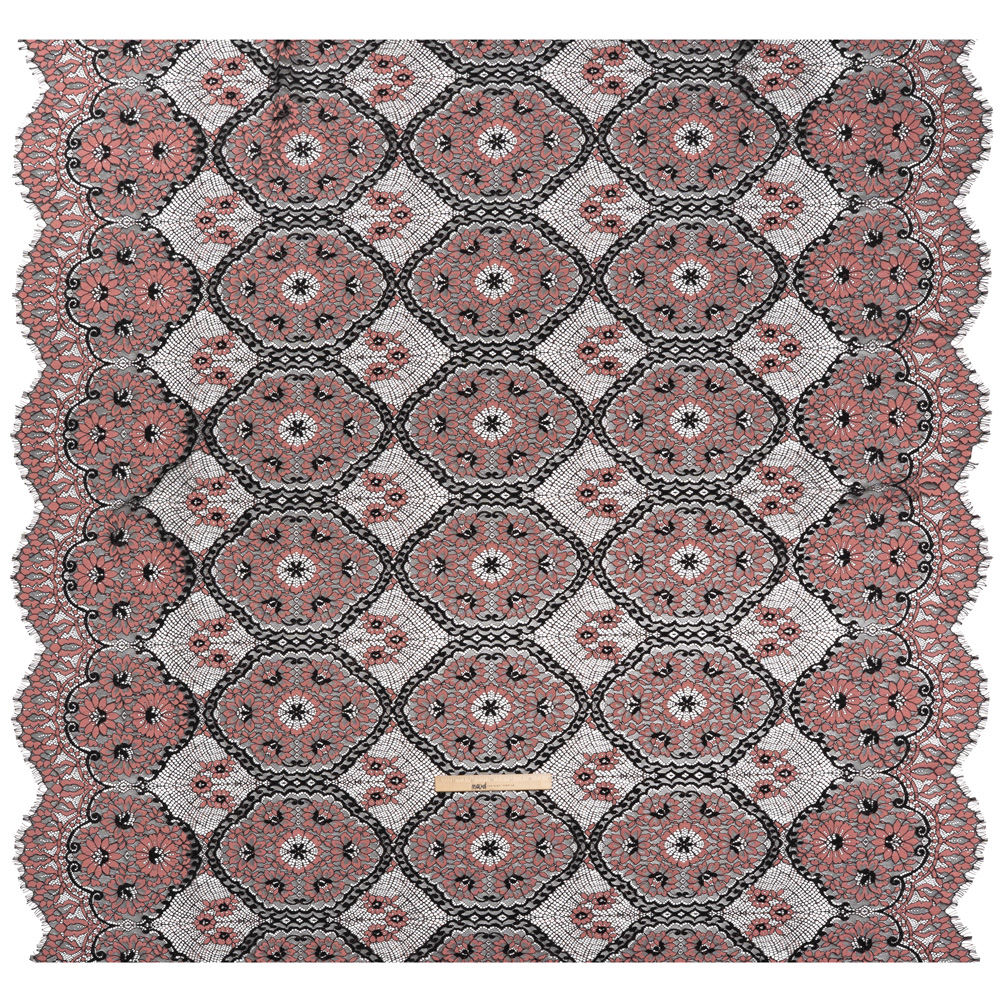 Raschel Lace with Finished Scalloped Edges - Black and Dusty Rose Sunflowers and Daisies
