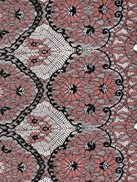 Raschel Lace with Finished Scalloped Edges – Black and Dusty Rose Sunflowers and Daisies Raschel Lace with Finished Scalloped Edges – Black and Dusty Rose Sunflowers and Daisies