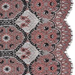 Raschel Lace with Finished Scalloped Edges – Black and Dusty Rose Sunflowers and Daisies Raschel Lace with Finished Scalloped Edges – Black and Dusty Rose Sunflowers and Daisies