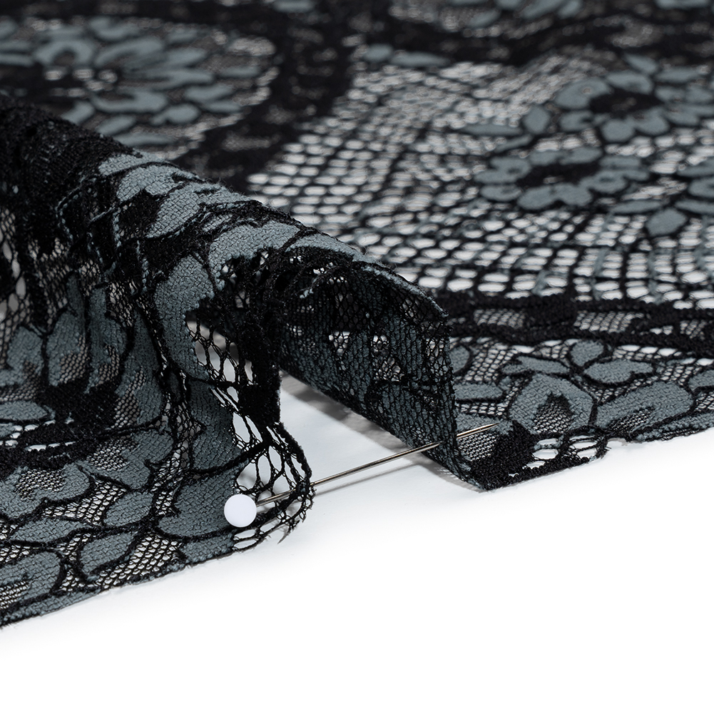 Raschel Lace with Finished Scalloped Edges - Black and Charcoal Sunflowers and Daisies