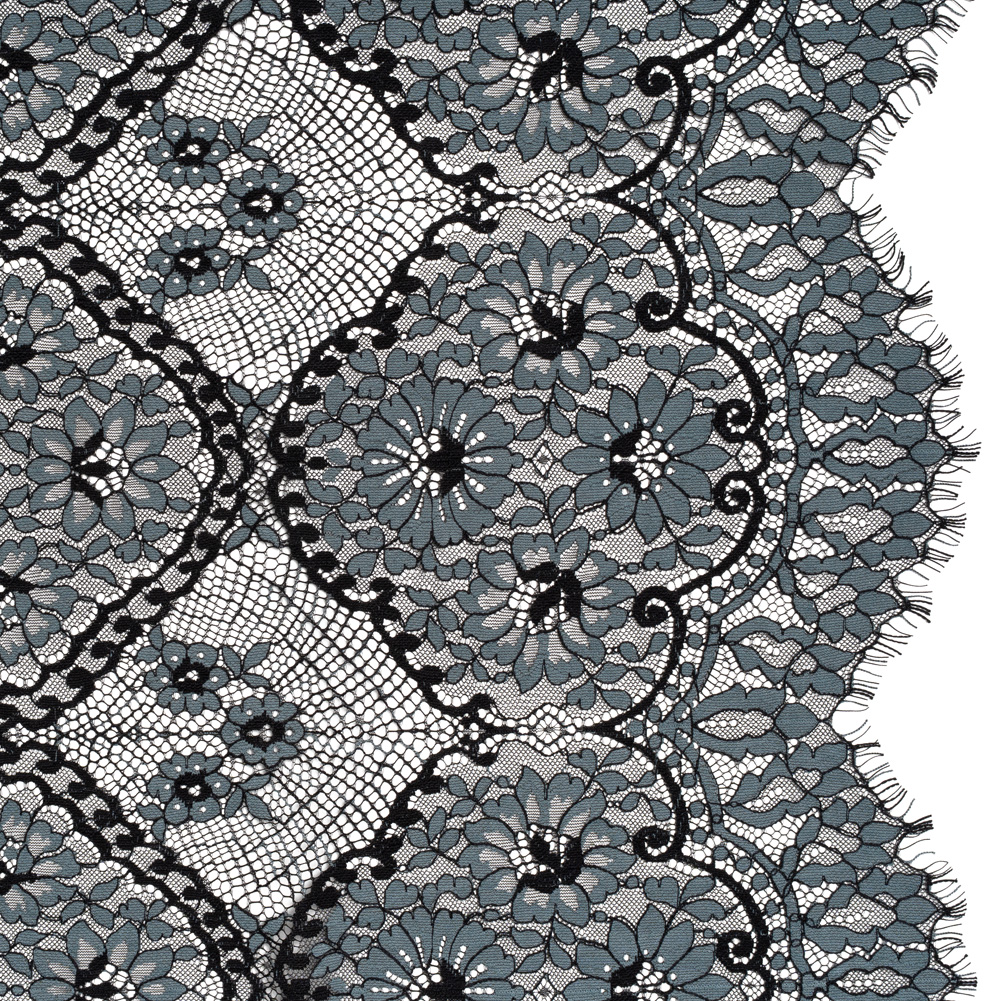 Raschel Lace with Finished Scalloped Edges – Black and Charcoal Sunflowers and Daisies Raschel Lace with Finished Scalloped Edges – Black and Charcoal Sunflowers and Daisies