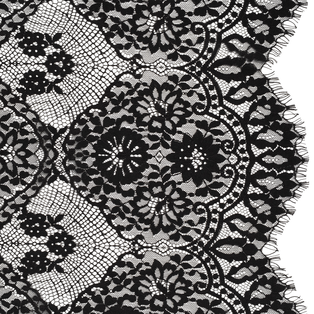 Raschel Lace with Finished Scalloped Edges – Black Sunflowers and Daisies Raschel Lace with Finished Scalloped Edges – Black Sunflowers and Daisies