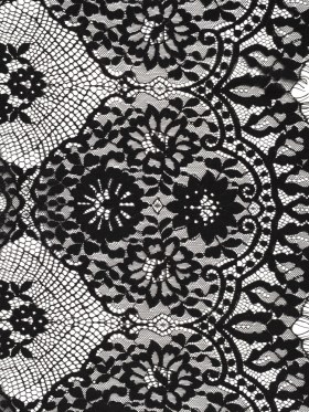 Raschel Lace with Finished Scalloped Edges – Black Sunflowers and Daisies Raschel Lace with Finished Scalloped Edges – Black Sunflowers and Daisies
