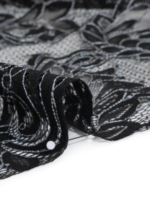 Corded Lace with Finished Scalloped Edges – Black and Ivory Flowers and Leaves Corded Lace with Finished Scalloped Edges – Black and Ivory Flowers and Leaves