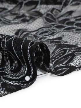 Corded Lace with Finished Scalloped Edges – Black and Ivory Flowers and Leaves Corded Lace with Finished Scalloped Edges – Black and Ivory Flowers and Leaves