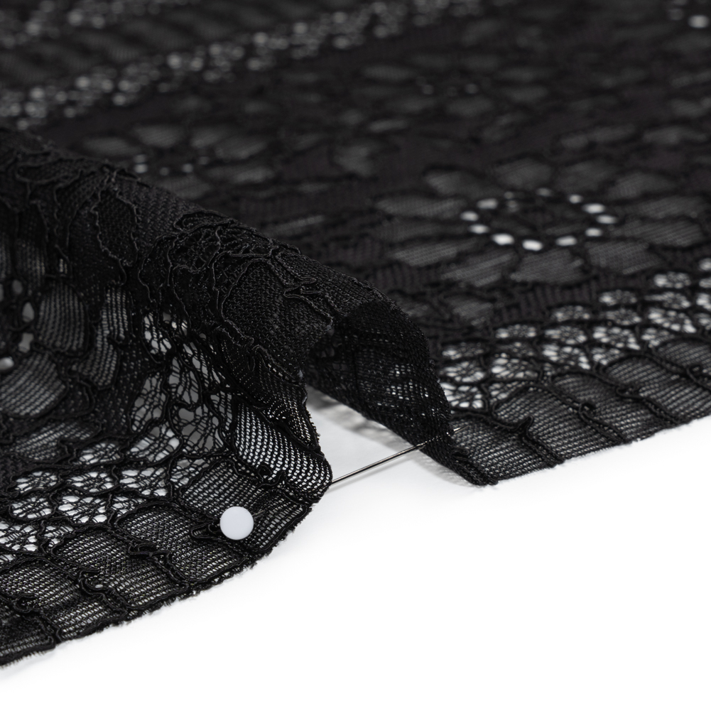 Corded Lace with Eyelash Fringe Edges - Black Floral and Geometric Stripes