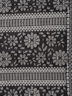 Corded Lace with Eyelash Fringe Edges – Black Floral and Geometric Stripes Corded Lace with Eyelash Fringe Edges – Black Floral and Geometric Stripes