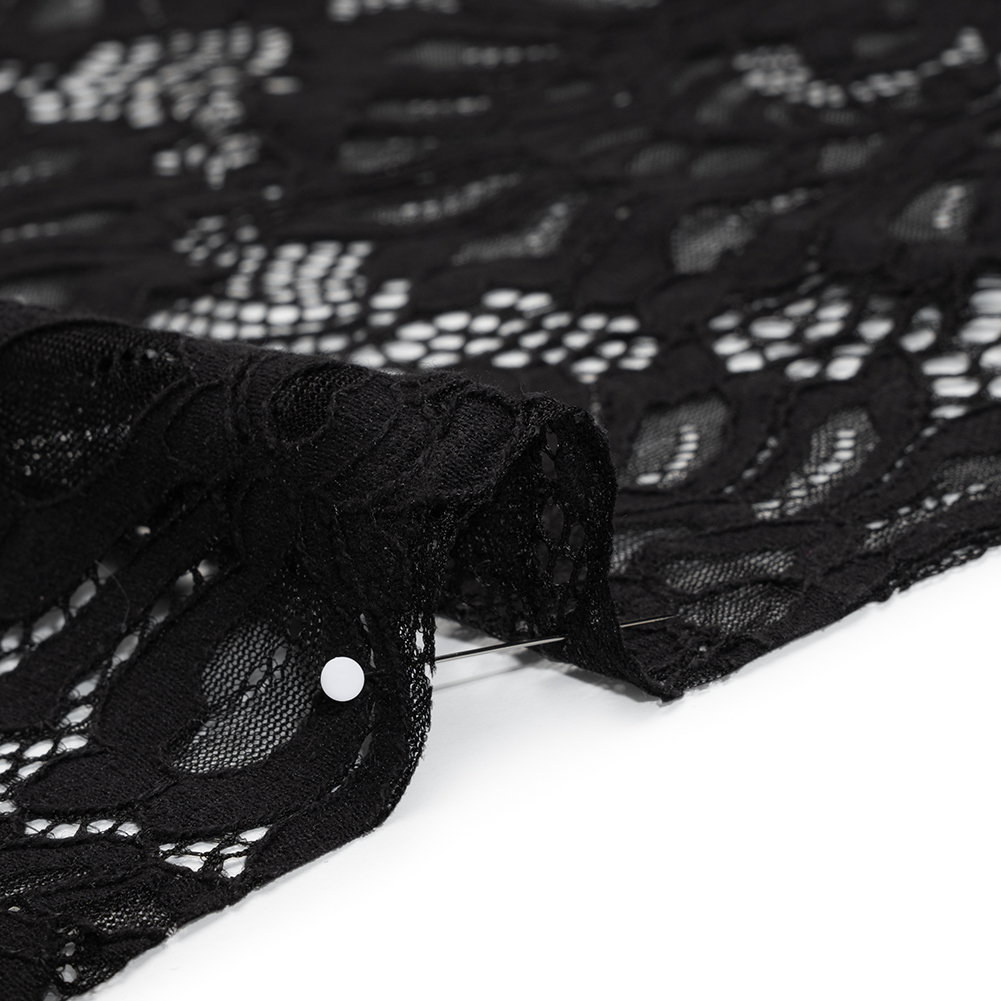 Corded Lace with Finished Scalloped Edges - Black Bold Florals