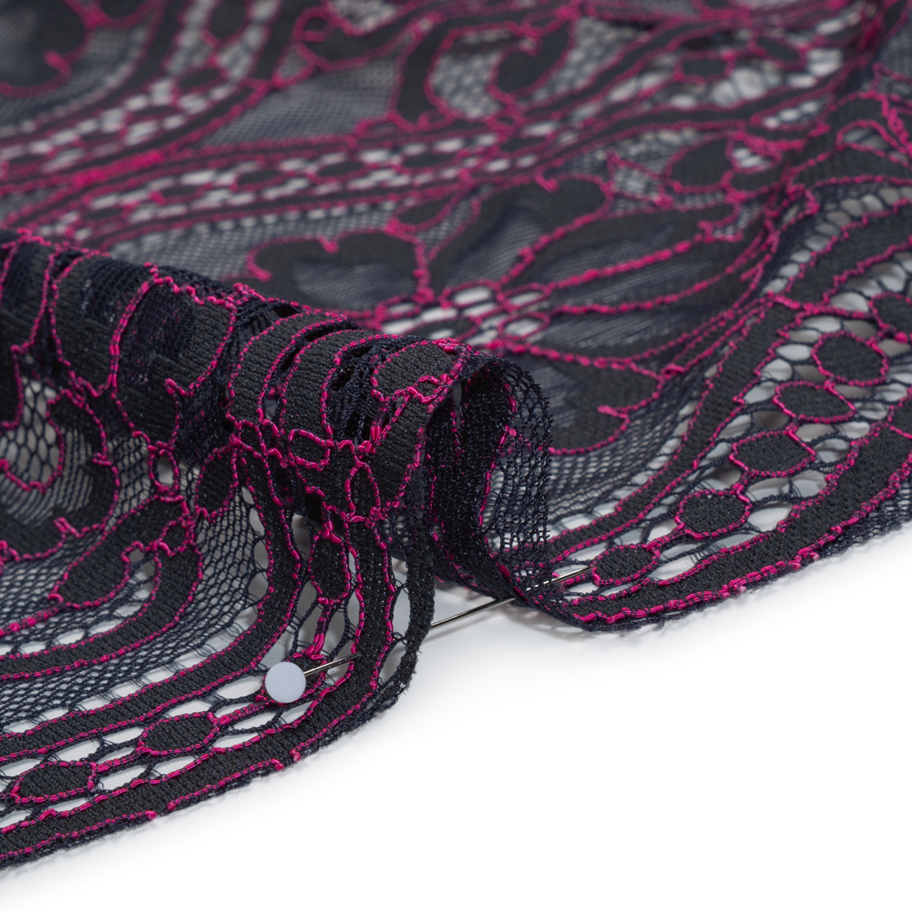 Corded Lace Panel with Finished Edges - Blue and Raspberry Rose Flowers, Dots and Wavy Lines