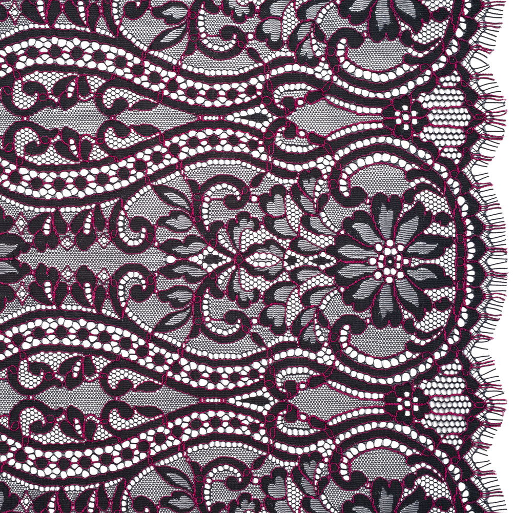 Corded Lace Panel with Finished Edges – Blue and Raspberry Rose Flowers, Dots and Wavy Lines Corded Lace Panel with Finished Edges – Blue and Raspberry Rose Flowers, Dots and Wavy Lines