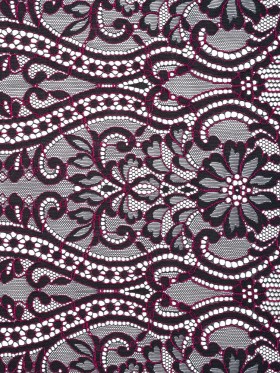 Corded Lace Panel with Finished Edges – Blue and Raspberry Rose Flowers, Dots and Wavy Lines Corded Lace Panel with Finished Edges – Blue and Raspberry Rose Flowers, Dots and Wavy Lines