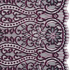 Corded Lace Panel with Finished Edges – Blue and Raspberry Rose Flowers, Dots and Wavy Lines Corded Lace Panel with Finished Edges – Blue and Raspberry Rose Flowers, Dots and Wavy Lines