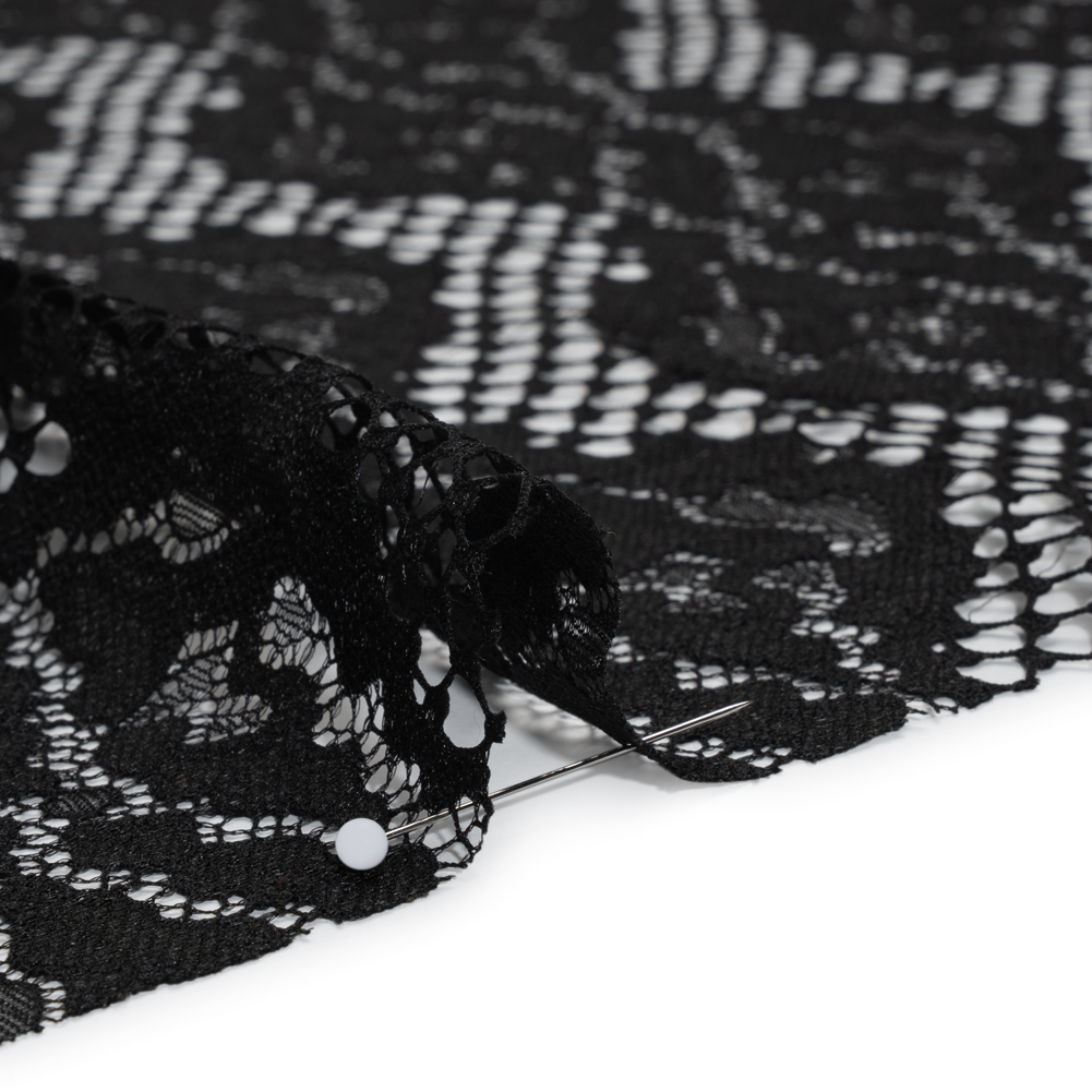 Raschel Lace with Organic Finished Edges - Black Abstract Wavy Stripes
