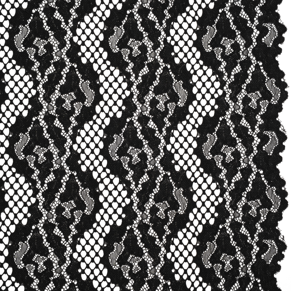 Raschel Lace with Organic Finished Edges – Black Abstract Wavy Stripes Raschel Lace with Organic Finished Edges – Black Abstract Wavy Stripes