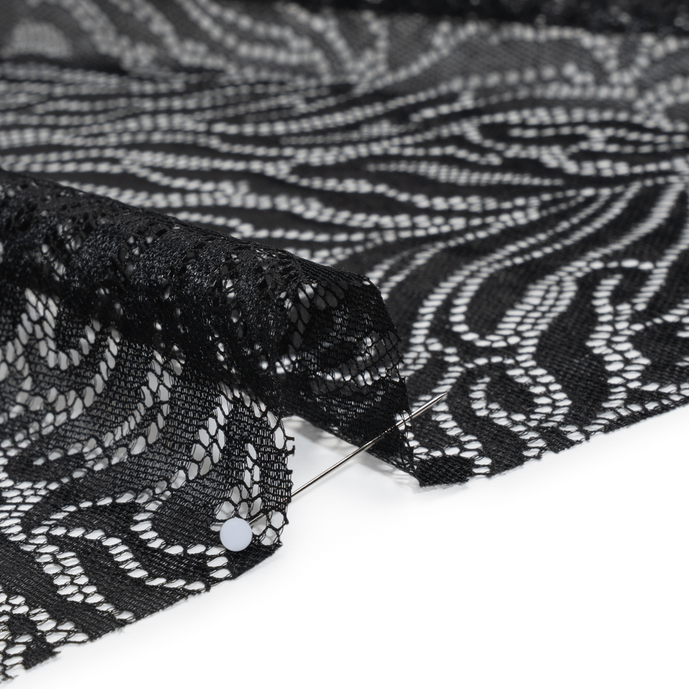 Fine Raschel Lace with Wavy Finished Edges - Black Abstracted Leaves
