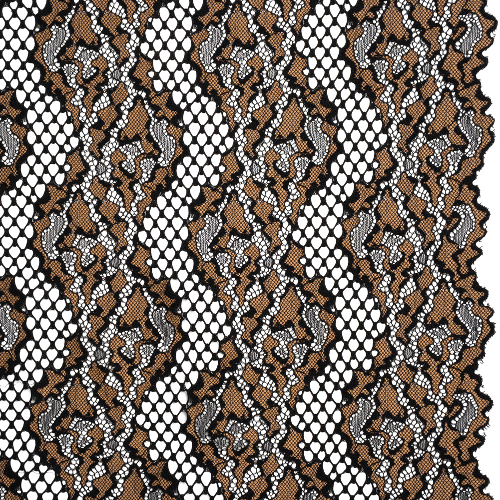 Raschel Lace with Organic Finished Edges – Black and Nude Abstract Wavy Stripes Raschel Lace with Organic Finished Edges – Black and Nude Abstract Wavy Stripes