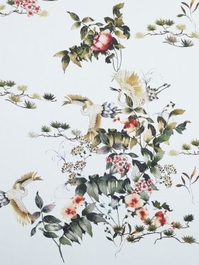 Stretch Cotton Sateen – White and Green Birds and Flowers – La Grande Tournee Print – Mood Exclusive Jacques Collection Stretch Cotton Sateen – White and Green Birds and Flowers – La Grande Tournee Print – Mood Exclusive Jacques Collection