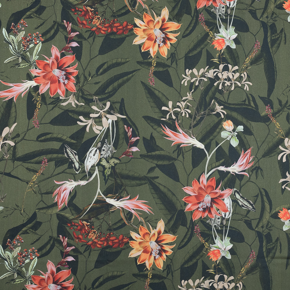 Stretch Cotton Sateen – Olive Green Flowers and Leaves – Les Tropiques Print – Mood Exclusive Jacques Collection Stretch Cotton Sateen – Olive Green Flowers and Leaves – Les Tropiques Print – Mood Exclusive Jacques Collection