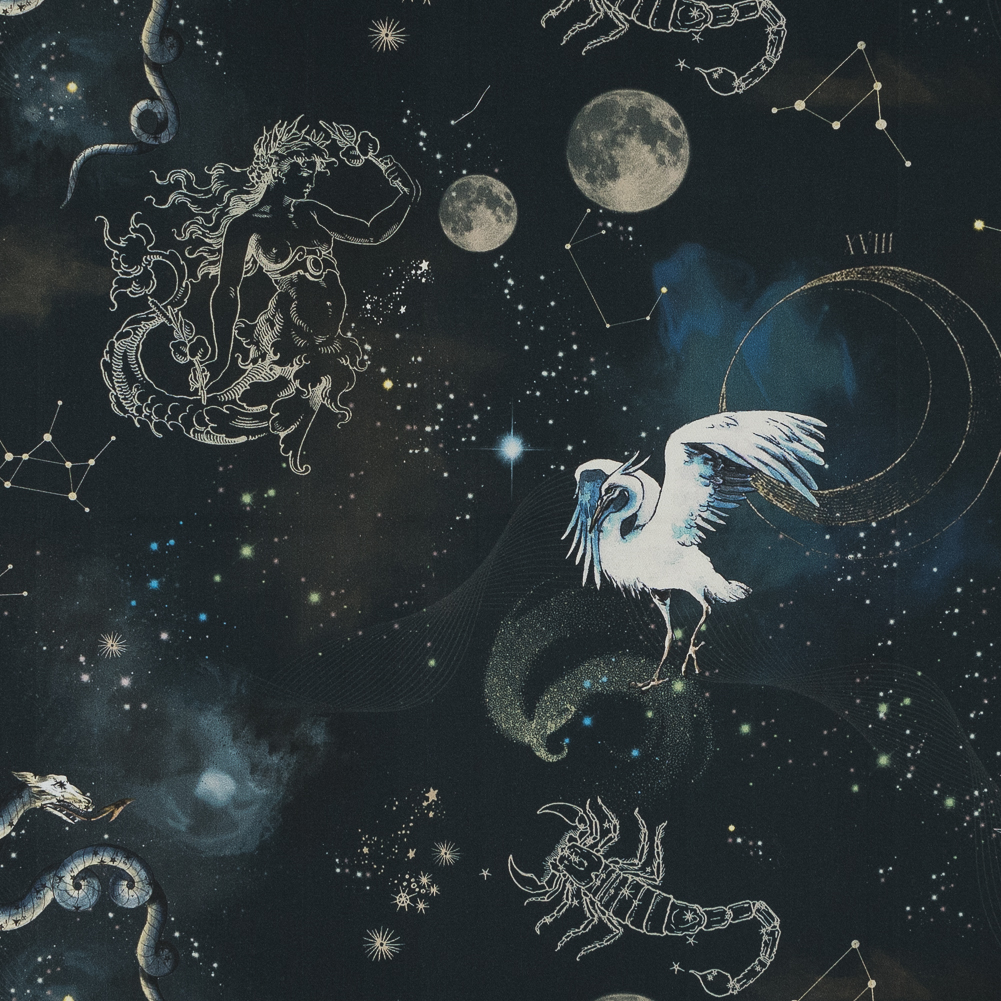 Stretch Cotton Sateen – Navy Celestial Birds – Apollo’s Disguise Print – Mood Exclusive Gaia Collection Stretch Cotton Sateen – Navy Celestial Birds – Apollo’s Disguise Print – Mood Exclusive Gaia Collection