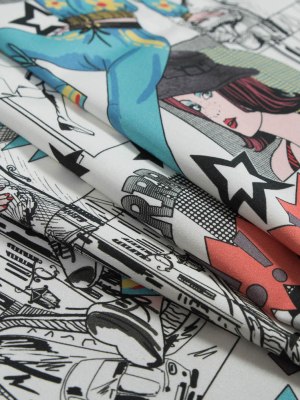 Stretch Cotton Sateen – White Pop Icons – White Fashionably Late Print – Mood Exclusive Comic Collection Stretch Cotton Sateen – White Pop Icons – White Fashionably Late Print – Mood Exclusive Comic Collection