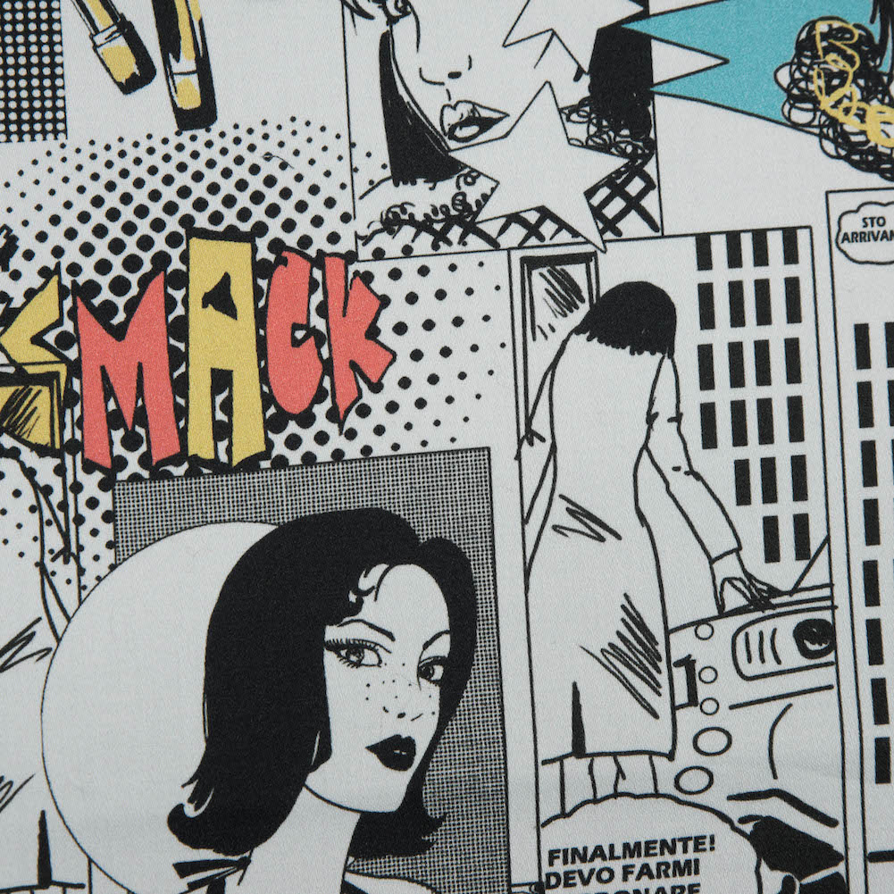 Stretch Cotton Sateen – White Pop Icons – White Fashionably Late Print – Mood Exclusive Comic Collection Stretch Cotton Sateen – White Pop Icons – White Fashionably Late Print – Mood Exclusive Comic Collection
