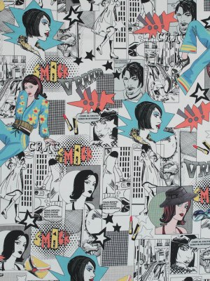 Stretch Cotton Sateen – White Pop Icons – White Fashionably Late Print – Mood Exclusive Comic Collection Stretch Cotton Sateen – White Pop Icons – White Fashionably Late Print – Mood Exclusive Comic Collection