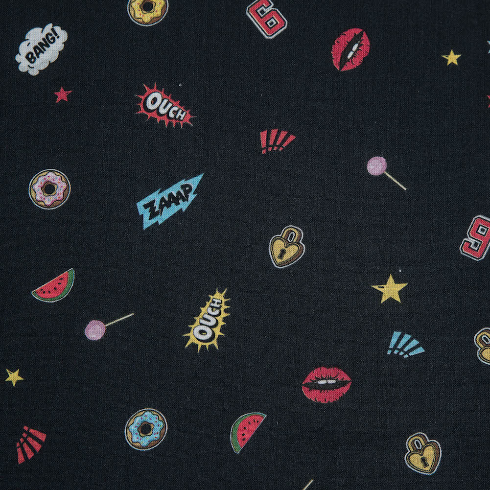 Cotton Voile – Black Pop Icons – Black Candy and Combat Print – Mood Exclusive Comic Collection Cotton Voile – Black Pop Icons – Black Candy and Combat Print – Mood Exclusive Comic Collection