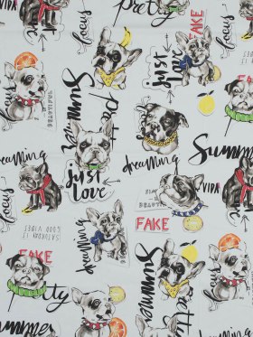 Stretch Cotton Sateen – White Dogs and Text – White Dog Days Print – Mood Exclusive Comic Collection Stretch Cotton Sateen – White Dogs and Text – White Dog Days Print – Mood Exclusive Comic Collection