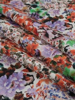 Stretch Cotton Sateen – Orange and Purple Floral – Wild Lantana Print – Mood Exclusive Aloha Collection Stretch Cotton Sateen – Orange and Purple Floral – Wild Lantana Print – Mood Exclusive Aloha Collection