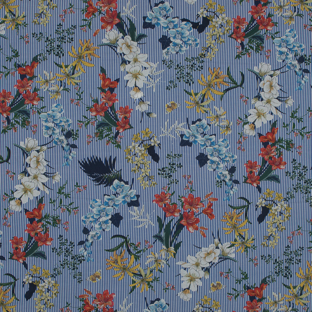 Cotton Voile – Florals on White and Blue Stripes – Ganesh’s Epiphany Print – Mood Exclusive Surya Collection Cotton Voile – Florals on White and Blue Stripes – Ganesh’s Epiphany Print – Mood Exclusive Surya Collection