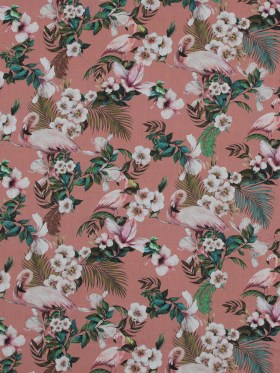 Cotton Voile – Salmon Flamingos and Leaves – Balance of Unity Print – Mood Exclusive Key Largo Collection Cotton Voile – Salmon Flamingos and Leaves – Balance of Unity Print – Mood Exclusive Key Largo Collection
