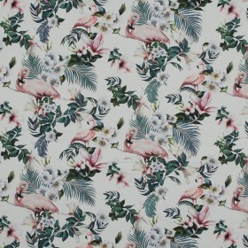 Stretch Cotton Sateen – White Flamingos and Leaves – Balance of Unity Print – Mood Exclusive Key Largo Collection Stretch Cotton Sateen – White Flamingos and Leaves – Balance of Unity Print – Mood Exclusive Key Largo Collection