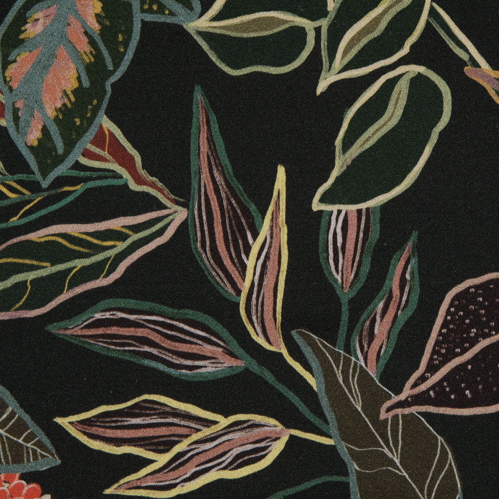 Stretch Cotton Sateen – Black and Green Foliage – Mystery of Renewal Print – Mood Exclusive Key Largo Collection Stretch Cotton Sateen – Black and Green Foliage – Mystery of Renewal Print – Mood Exclusive Key Largo Collection