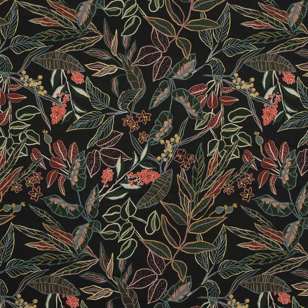 Stretch Cotton Sateen – Black and Green Foliage – Mystery of Renewal Print – Mood Exclusive Key Largo Collection Stretch Cotton Sateen – Black and Green Foliage – Mystery of Renewal Print – Mood Exclusive Key Largo Collection