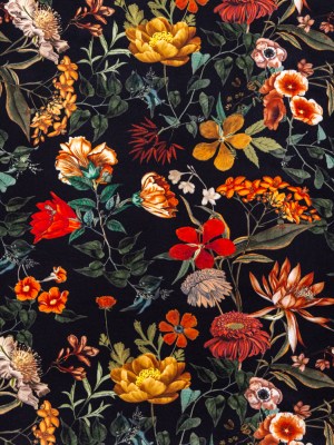 Stretch Polyester Crepe – Black Floral – Garden of Earthly Delights Print – Mood Exclusive Harvest Collection Stretch Polyester Crepe – Black Floral – Garden of Earthly Delights Print – Mood Exclusive Harvest Collection