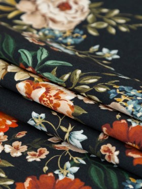 Stretch Cotton Sateen – Black and Red Floral – Garden of Eden Print – Mood Exclusive Harvest Collection Stretch Cotton Sateen – Black and Red Floral – Garden of Eden Print – Mood Exclusive Harvest Collection