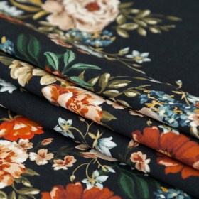 Stretch Cotton Sateen – Black and Red Floral – Garden of Eden Print – Mood Exclusive Harvest Collection Stretch Cotton Sateen – Black and Red Floral – Garden of Eden Print – Mood Exclusive Harvest Collection