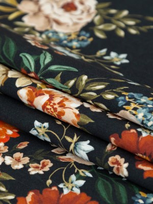 Stretch Cotton Sateen – Black and Red Floral – Garden of Eden Print – Mood Exclusive Harvest Collection Stretch Cotton Sateen – Black and Red Floral – Garden of Eden Print – Mood Exclusive Harvest Collection