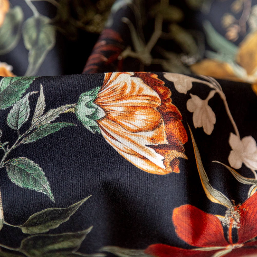 Stretch Cotton Sateen – Black Floral – Garden of Earthly Delights Print – Mood Exclusive Harvest Collection Stretch Cotton Sateen – Black Floral – Garden of Earthly Delights Print – Mood Exclusive Harvest Collection