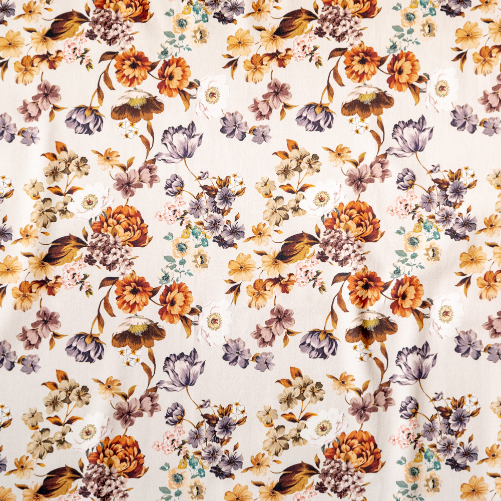 Stretch Cotton Sateen – Cream and Rust Floral – August Rush Print – Mood Exclusive Harvest Collection Stretch Cotton Sateen – Cream and Rust Floral – August Rush Print – Mood Exclusive Harvest Collection