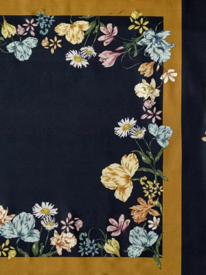 Mood Exclusive Fall Flowerbeds Navy and Gamboge Stretch Cotton Sateen Mood Exclusive Fall Flowerbeds Navy and Gamboge Stretch Cotton Sateen